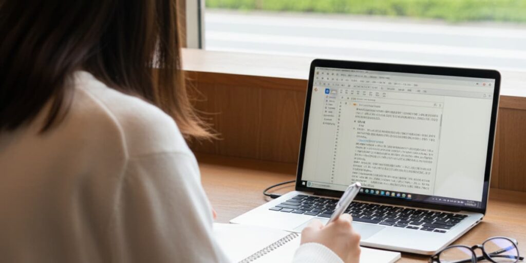 文系大学生がノートパソコンでWordのレポートを作成している様子