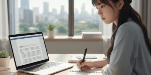 縦方向に文章を表示したノートパソコン画面でレポートを確認する様子