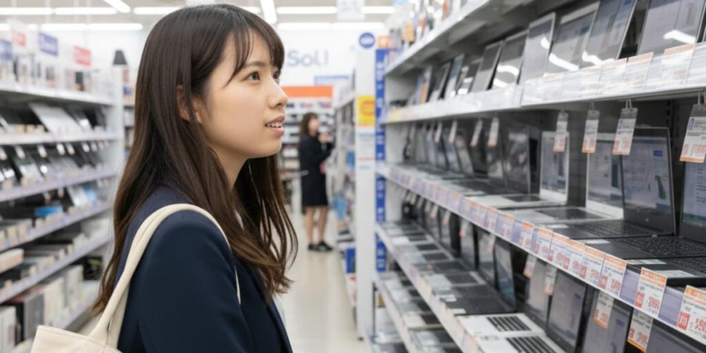 女子大学生がノートパソコン選びについて考えている