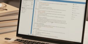 Wordを使ってレポートを作成している大学生のノートパソコン画面