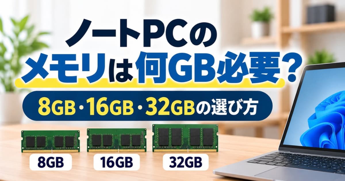 ノートPCと8GB・16GB・32GBのメモリ容量の比較