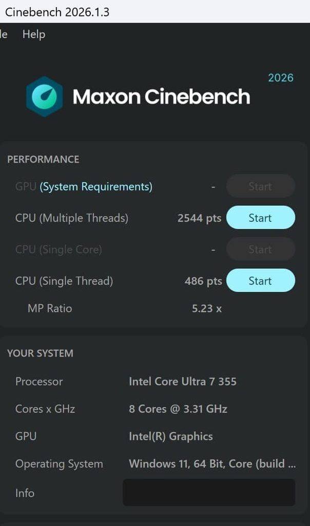 Yoga Slim 7i Ultra Gen 11のCinebench 2026測定結果、Multi Core 2544点、Single Core 486点