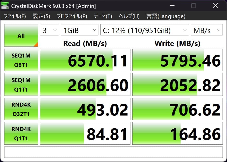 Yoga Slim 7i Ultra Gen 11のCrystalDiskMark測定結果、SSD読み込み6570MB/s、書き込み5795MB/s